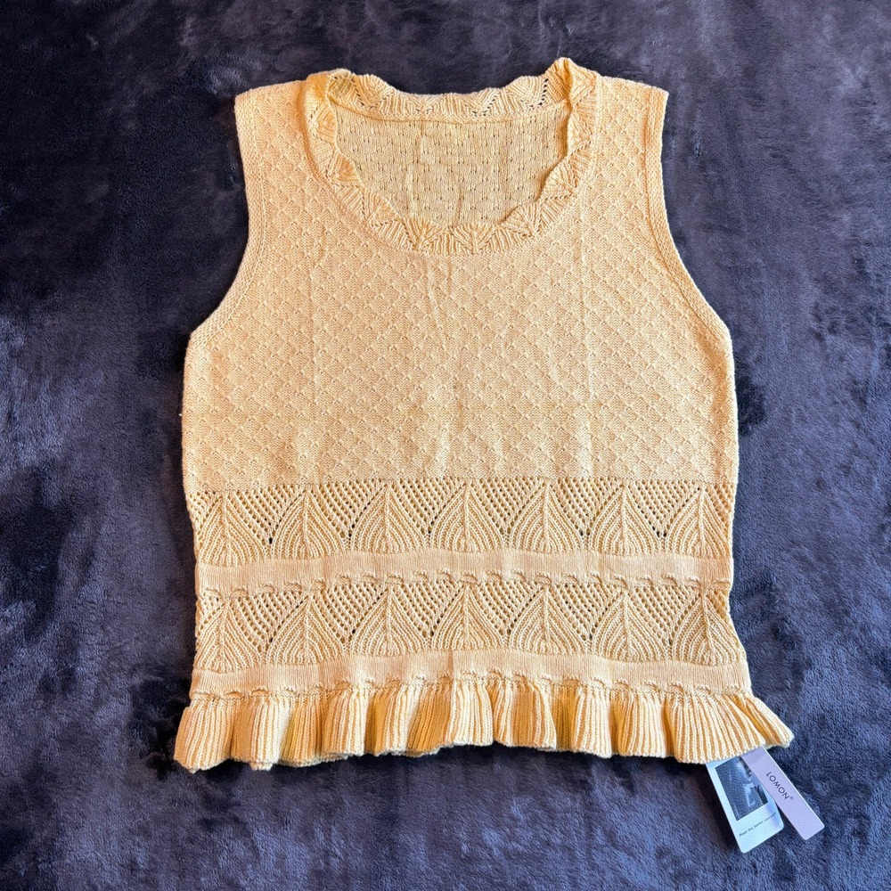 LOMON Womens Sweater Vest M Yellow Cotton Blend Pointelle Knit Ruffle Hem